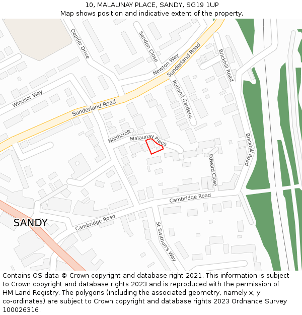 10, MALAUNAY PLACE, SANDY, SG19 1UP: Location map and indicative extent of plot