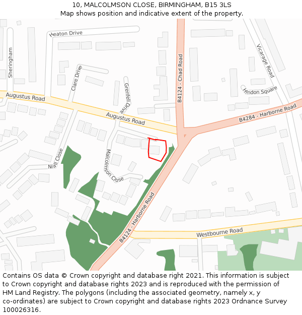 10, MALCOLMSON CLOSE, BIRMINGHAM, B15 3LS: Location map and indicative extent of plot