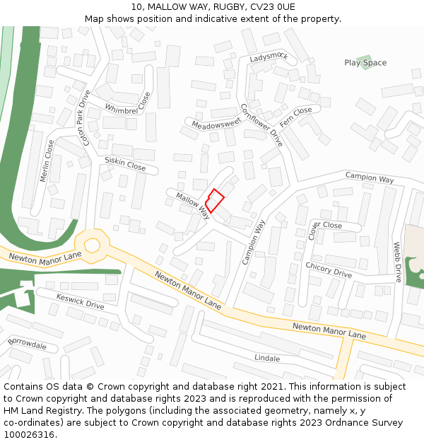 10, MALLOW WAY, RUGBY, CV23 0UE: Location map and indicative extent of plot