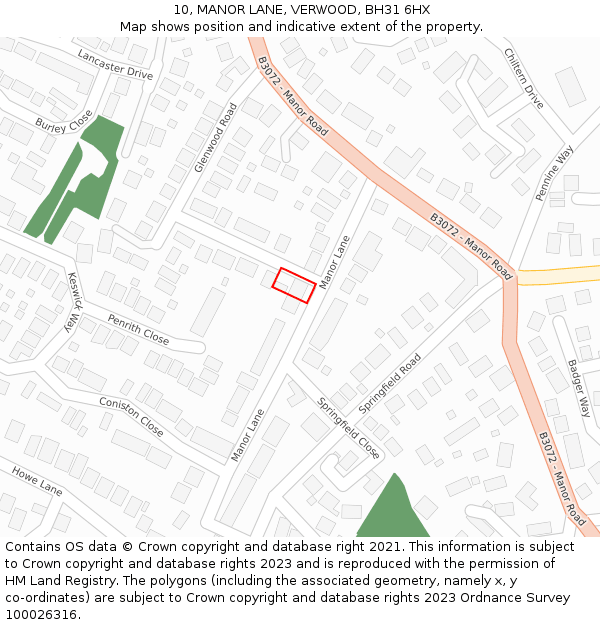 10, MANOR LANE, VERWOOD, BH31 6HX: Location map and indicative extent of plot