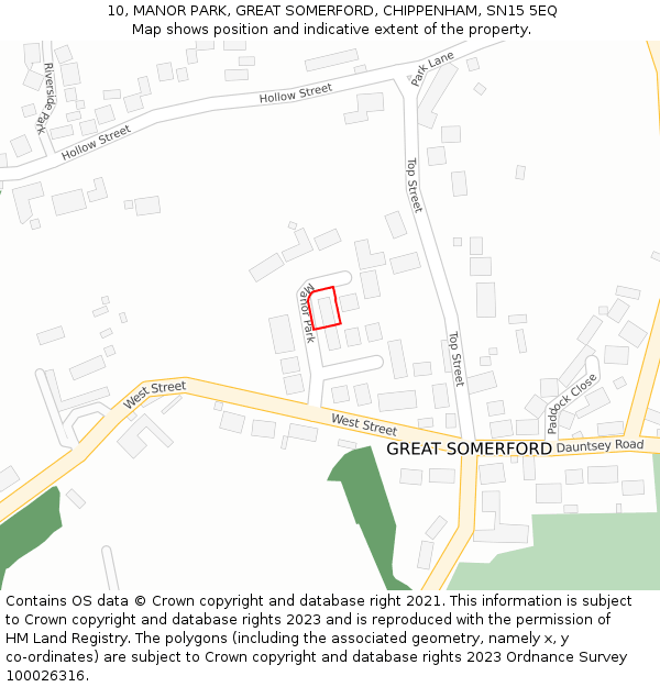 10, MANOR PARK, GREAT SOMERFORD, CHIPPENHAM, SN15 5EQ: Location map and indicative extent of plot