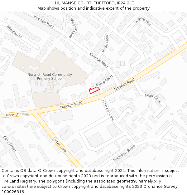 10, MANSE COURT, THETFORD, IP24 2LE: Location map and indicative extent of plot