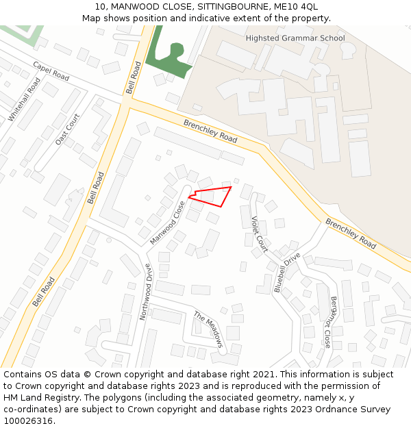 10, MANWOOD CLOSE, SITTINGBOURNE, ME10 4QL: Location map and indicative extent of plot