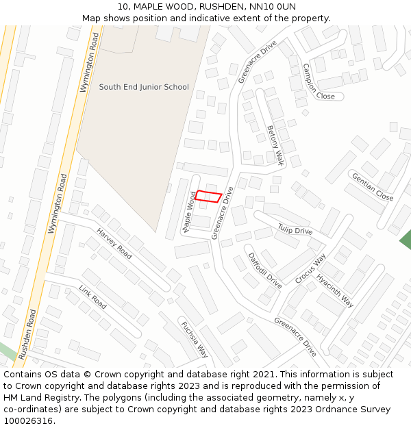 10, MAPLE WOOD, RUSHDEN, NN10 0UN: Location map and indicative extent of plot