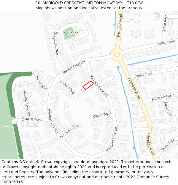 10, MARIGOLD CRESCENT, MELTON MOWBRAY, LE13 0FW: Location map and indicative extent of plot