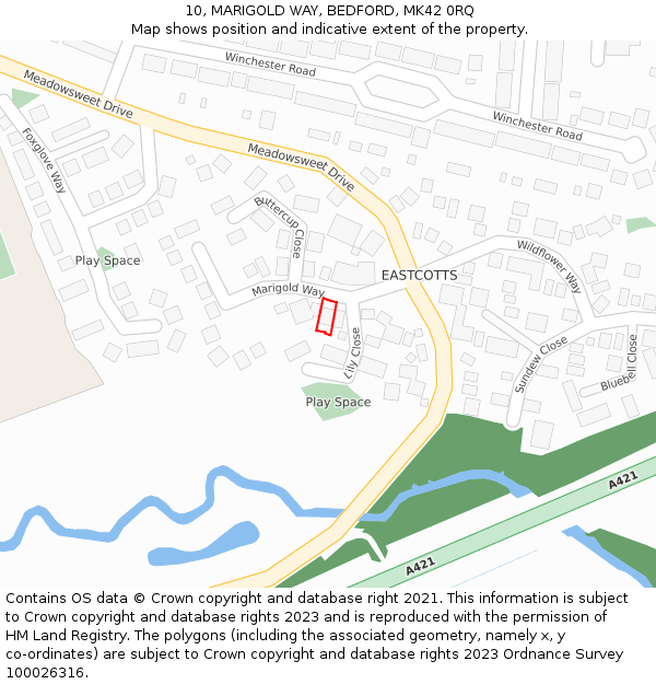 10, MARIGOLD WAY, BEDFORD, MK42 0RQ: Location map and indicative extent of plot