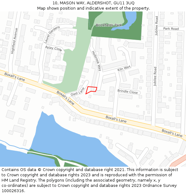 10, MASON WAY, ALDERSHOT, GU11 3UQ: Location map and indicative extent of plot