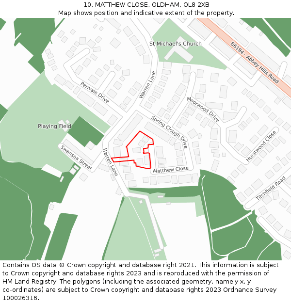 10, MATTHEW CLOSE, OLDHAM, OL8 2XB: Location map and indicative extent of plot