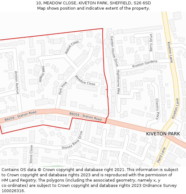 10, MEADOW CLOSE, KIVETON PARK, SHEFFIELD, S26 6SD: Location map and indicative extent of plot