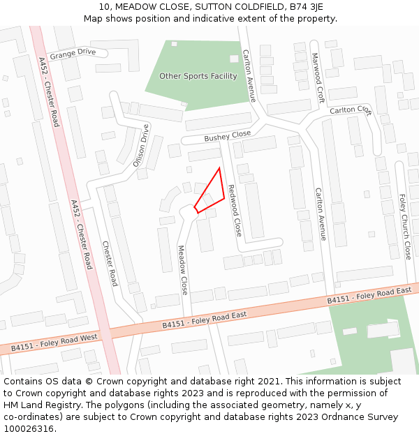 10, MEADOW CLOSE, SUTTON COLDFIELD, B74 3JE: Location map and indicative extent of plot