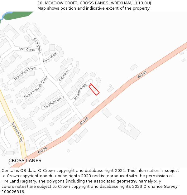 10, MEADOW CROFT, CROSS LANES, WREXHAM, LL13 0UJ: Location map and indicative extent of plot