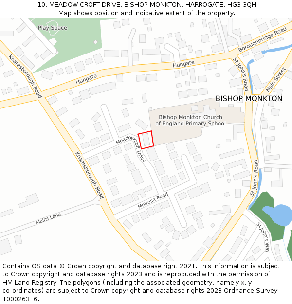 10, MEADOW CROFT DRIVE, BISHOP MONKTON, HARROGATE, HG3 3QH: Location map and indicative extent of plot