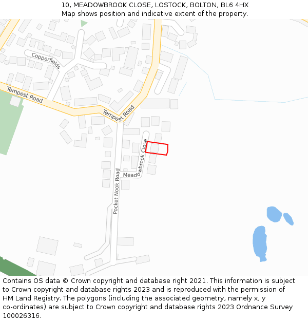 10, MEADOWBROOK CLOSE, LOSTOCK, BOLTON, BL6 4HX: Location map and indicative extent of plot