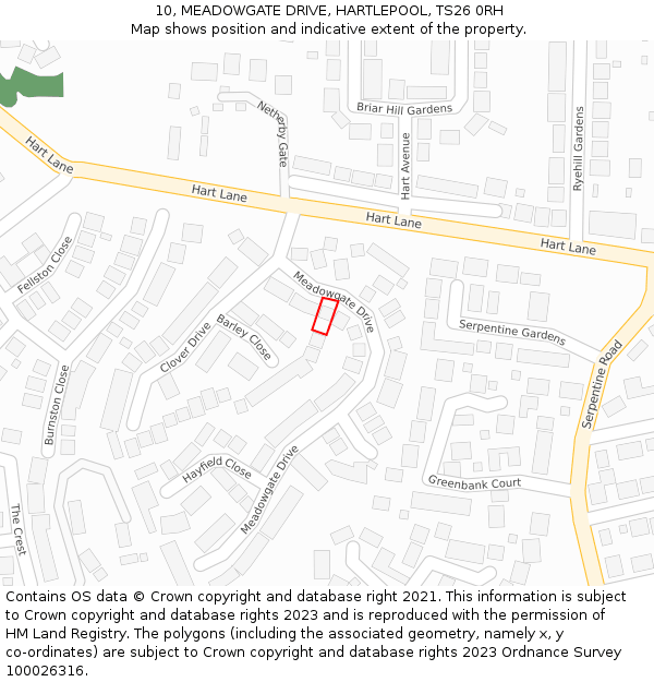 10, MEADOWGATE DRIVE, HARTLEPOOL, TS26 0RH: Location map and indicative extent of plot