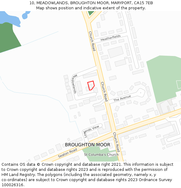 10, MEADOWLANDS, BROUGHTON MOOR, MARYPORT, CA15 7EB: Location map and indicative extent of plot