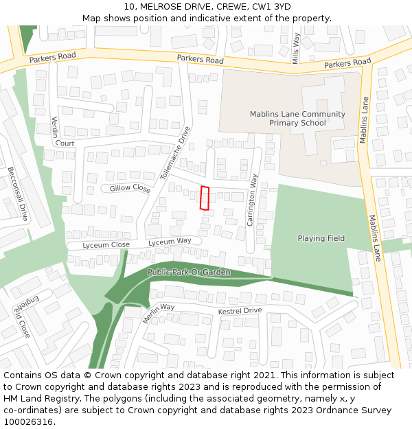 10, MELROSE DRIVE, CREWE, CW1 3YD: Location map and indicative extent of plot