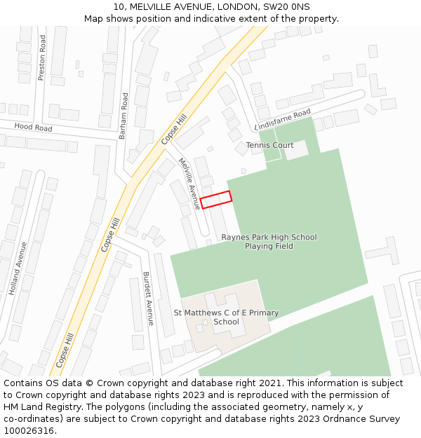 10, MELVILLE AVENUE, LONDON, SW20 0NS: Location map and indicative extent of plot
