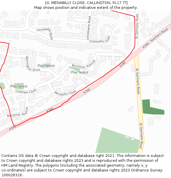 10, MENABILLY CLOSE, CALLINGTON, PL17 7TJ: Location map and indicative extent of plot