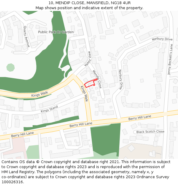 10, MENDIP CLOSE, MANSFIELD, NG18 4UR: Location map and indicative extent of plot