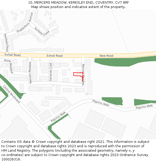 10, MERCERS MEADOW, KERESLEY END, COVENTRY, CV7 8RF: Location map and indicative extent of plot