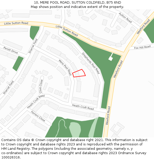 10, MERE POOL ROAD, SUTTON COLDFIELD, B75 6ND: Location map and indicative extent of plot