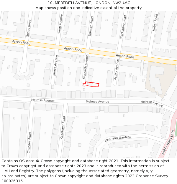 10, MEREDITH AVENUE, LONDON, NW2 4AG: Location map and indicative extent of plot