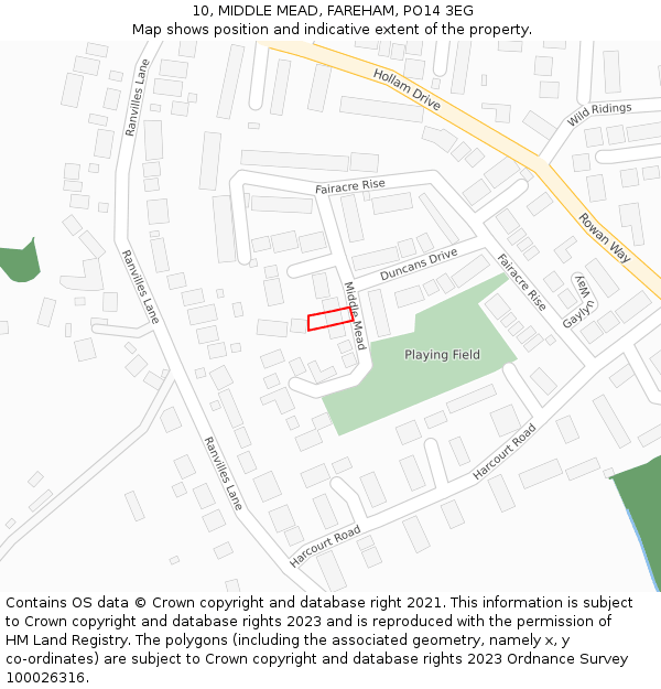 10, MIDDLE MEAD, FAREHAM, PO14 3EG: Location map and indicative extent of plot