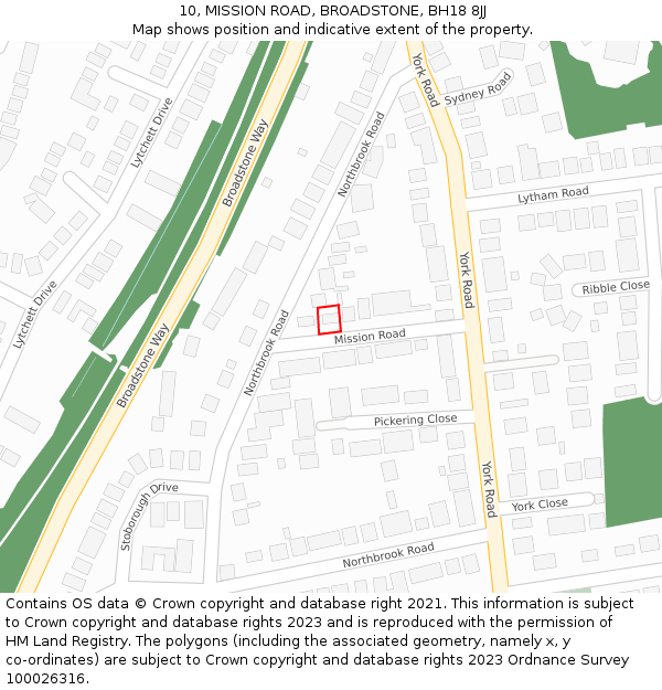 10, MISSION ROAD, BROADSTONE, BH18 8JJ: Location map and indicative extent of plot