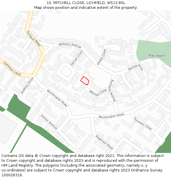 10, MITCHELL CLOSE, LICHFIELD, WS13 8SL: Location map and indicative extent of plot