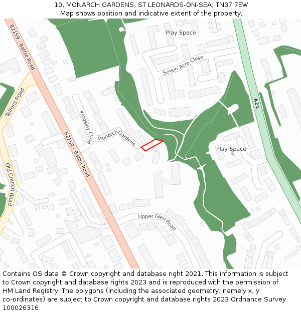 10, MONARCH GARDENS, ST LEONARDS-ON-SEA, TN37 7EW: Location map and indicative extent of plot