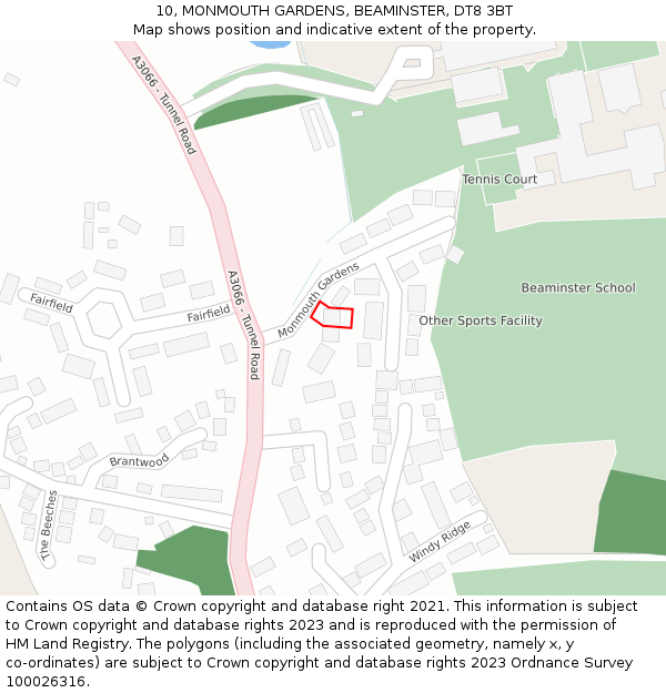 10, MONMOUTH GARDENS, BEAMINSTER, DT8 3BT: Location map and indicative extent of plot