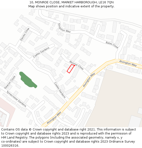 10, MONROE CLOSE, MARKET HARBOROUGH, LE16 7QN: Location map and indicative extent of plot