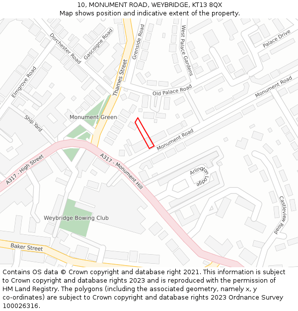 10, MONUMENT ROAD, WEYBRIDGE, KT13 8QX: Location map and indicative extent of plot