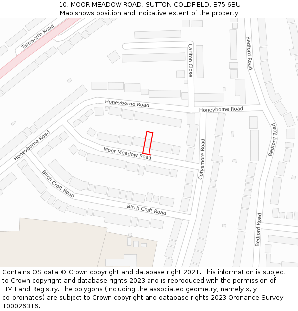 10, MOOR MEADOW ROAD, SUTTON COLDFIELD, B75 6BU: Location map and indicative extent of plot