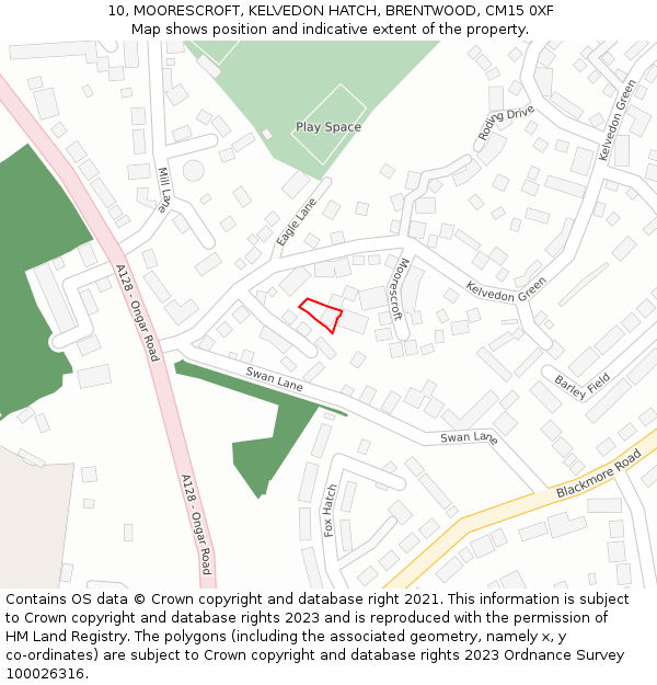 10, MOORESCROFT, KELVEDON HATCH, BRENTWOOD, CM15 0XF: Location map and indicative extent of plot