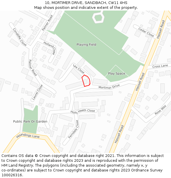 10, MORTIMER DRIVE, SANDBACH, CW11 4HS: Location map and indicative extent of plot