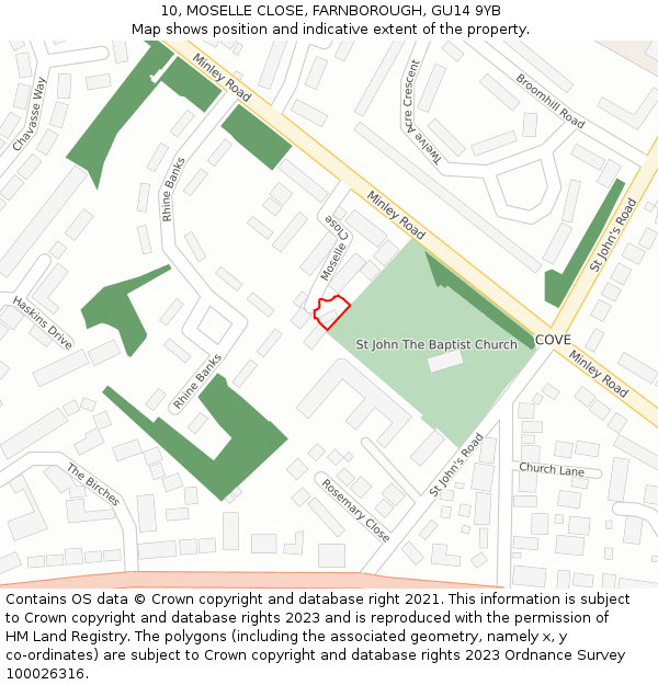 10, MOSELLE CLOSE, FARNBOROUGH, GU14 9YB: Location map and indicative extent of plot