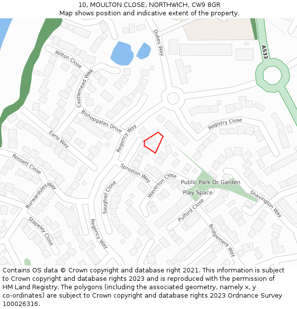 10, MOULTON CLOSE, NORTHWICH, CW9 8GR: Location map and indicative extent of plot