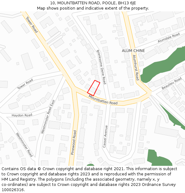 10, MOUNTBATTEN ROAD, POOLE, BH13 6JE: Location map and indicative extent of plot