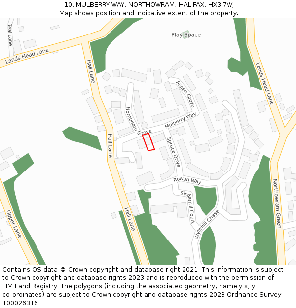 10, MULBERRY WAY, NORTHOWRAM, HALIFAX, HX3 7WJ: Location map and indicative extent of plot