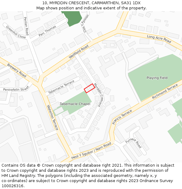 10, MYRDDIN CRESCENT, CARMARTHEN, SA31 1DX: Location map and indicative extent of plot