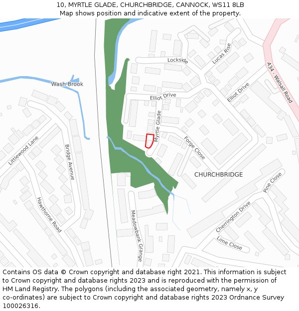 10, MYRTLE GLADE, CHURCHBRIDGE, CANNOCK, WS11 8LB: Location map and indicative extent of plot