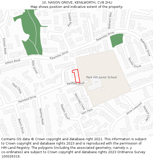 10, NASON GROVE, KENILWORTH, CV8 2HU: Location map and indicative extent of plot