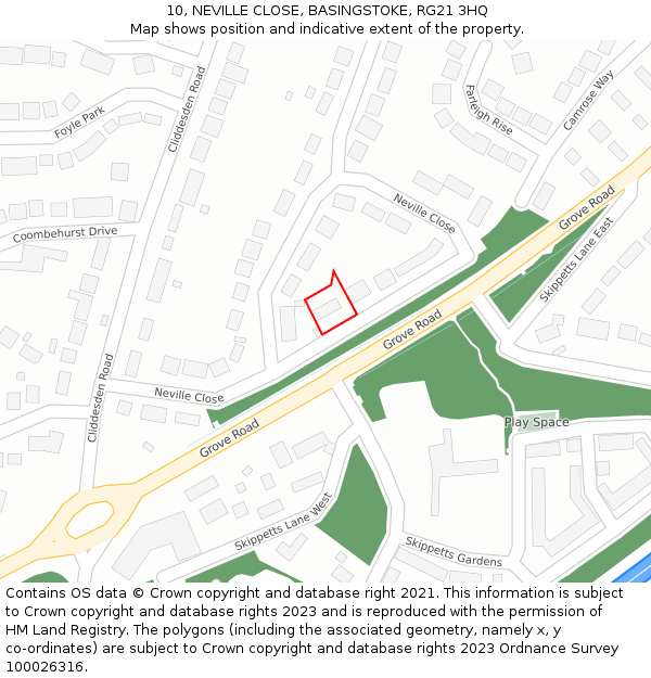 10, NEVILLE CLOSE, BASINGSTOKE, RG21 3HQ: Location map and indicative extent of plot