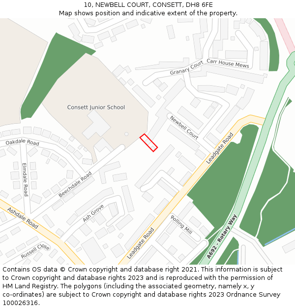 10, NEWBELL COURT, CONSETT, DH8 6FE: Location map and indicative extent of plot
