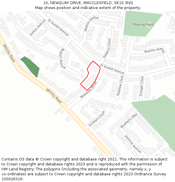 10, NEWQUAY DRIVE, MACCLESFIELD, SK10 3NQ: Location map and indicative extent of plot