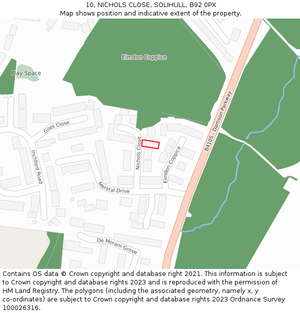 10, NICHOLS CLOSE, SOLIHULL, B92 0PX: Location map and indicative extent of plot