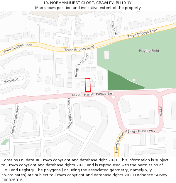 10, NORMANHURST CLOSE, CRAWLEY, RH10 1YL: Location map and indicative extent of plot