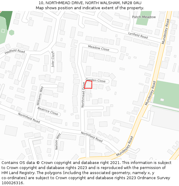 10, NORTHMEAD DRIVE, NORTH WALSHAM, NR28 0AU: Location map and indicative extent of plot