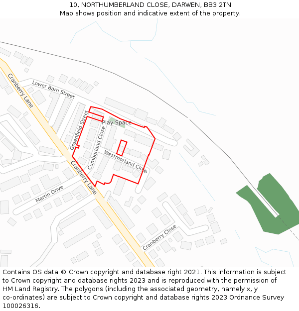 10, NORTHUMBERLAND CLOSE, DARWEN, BB3 2TN: Location map and indicative extent of plot